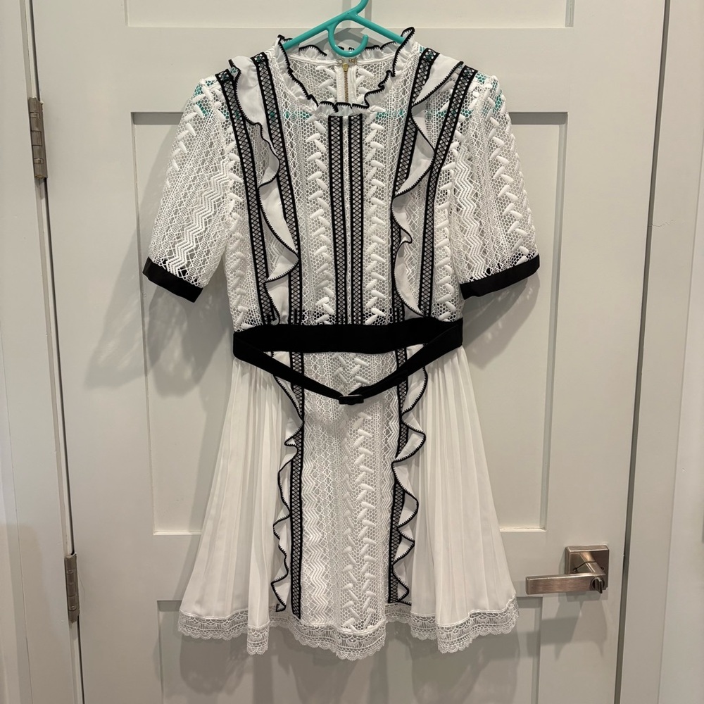 Self-Portrait White and Black Guipure Lace Ruffle Dress